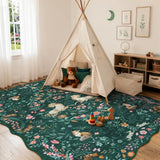 Covaba maximalist unicorn garden scalloped area rug in forest fern, styled in a room setting, view 3