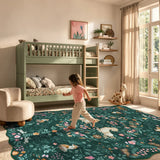 Covaba maximalist unicorn garden scalloped area rug in forest fern, styled in a room setting, view 5