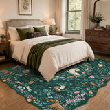 Covaba maximalist unicorn garden scalloped area rug in forest fern, styled in a room setting, view 2