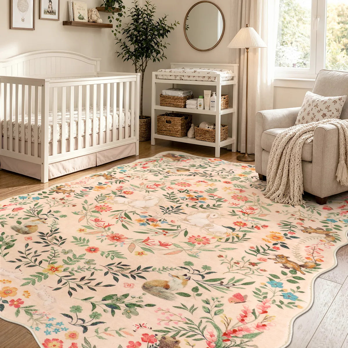 Covaba maximalist unicorn garden scalloped area rug in blush clay, styled in a room setting