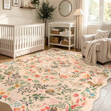 Covaba maximalist unicorn garden scalloped area rug in blush clay, styled in a room setting