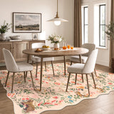 Covaba maximalist unicorn garden scalloped area rug in blush clay, styled in a room setting, view 4