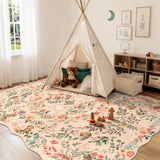 Covaba maximalist unicorn garden scalloped area rug in blush clay, styled in a room setting, view 2
