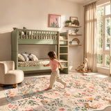 Covaba maximalist unicorn garden scalloped area rug in blush clay, styled in a room setting, view 5