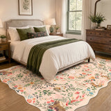 Covaba maximalist unicorn garden scalloped area rug in blush clay, styled in a room setting, view 3
