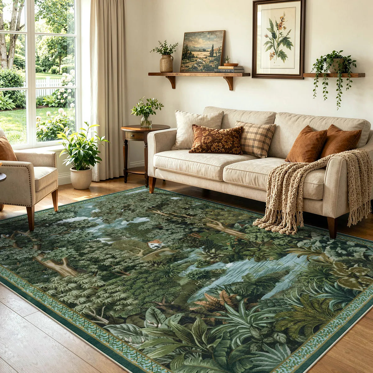 Covaba vintage forest woodland area rug in fern green, styled in a room setting