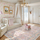 Covaba maximalism vintage french floral area rug in blush clay, styled in a room setting, view 2