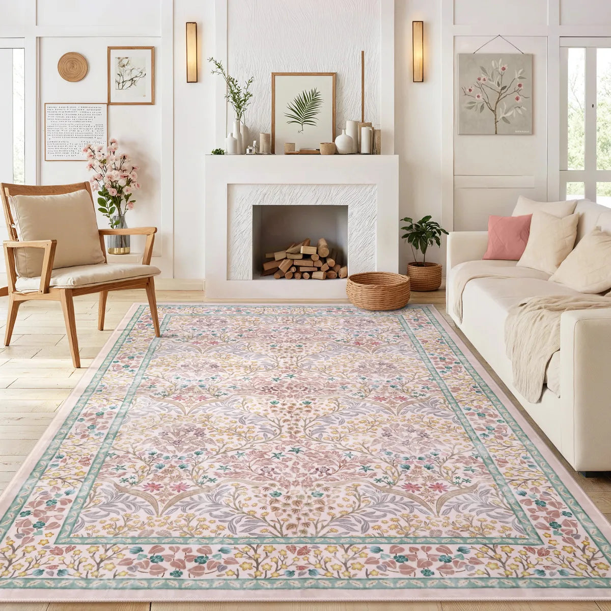 Covaba maximalism vintage french floral area rug in blush clay, styled in a room setting