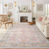 Covaba maximalism vintage french floral area rug in blush clay, styled in a room setting