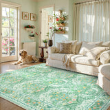 Covaba maximalism vintage french floral area rug in willow sage, styled in a room setting, view 4