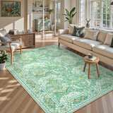 Covaba maximalism vintage french floral area rug in willow sage, styled in a room setting, view 3