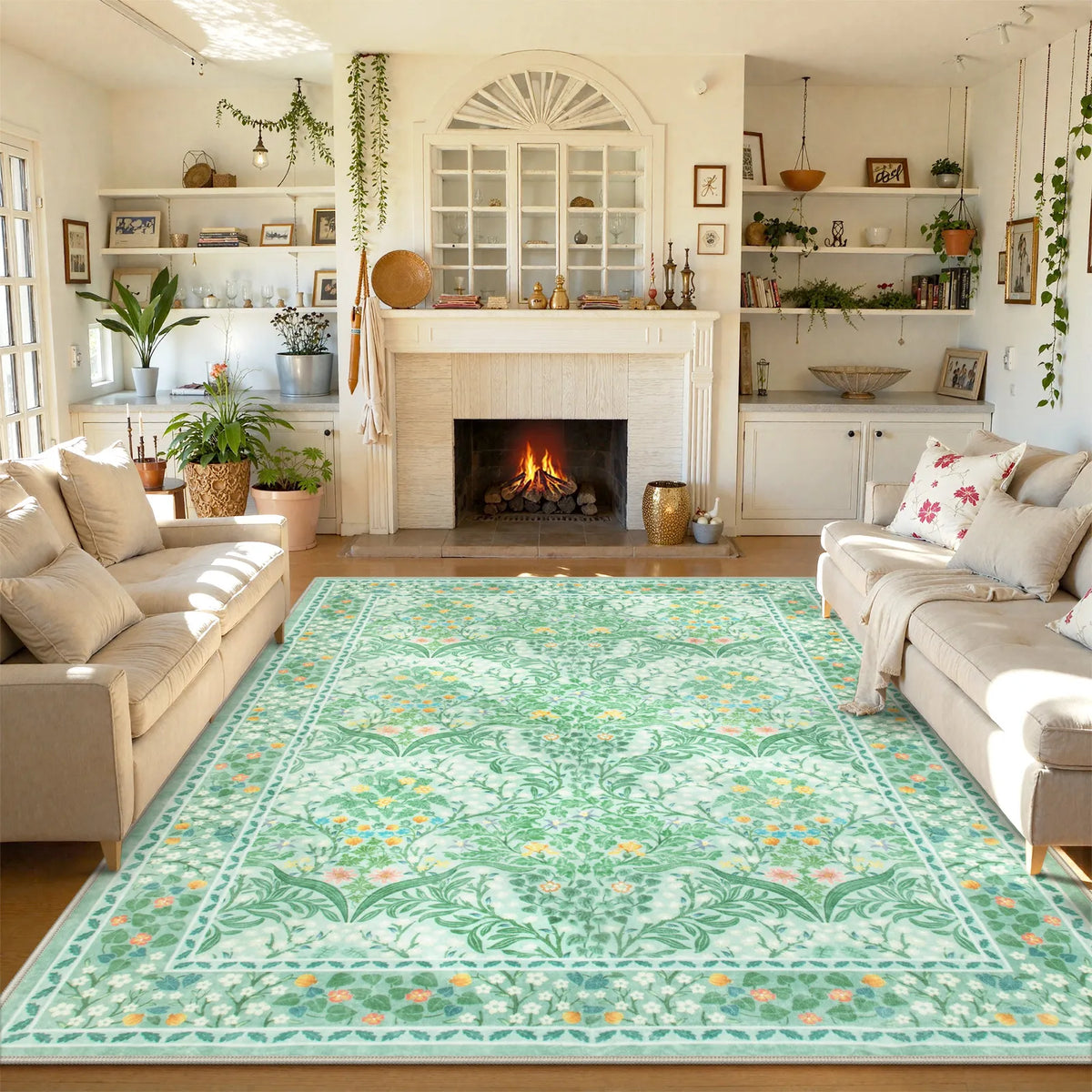 Covaba maximalism vintage french floral area rug in willow sage, styled in a room setting