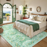 Covaba maximalism vintage french floral area rug in willow sage, styled in a room setting, view 2