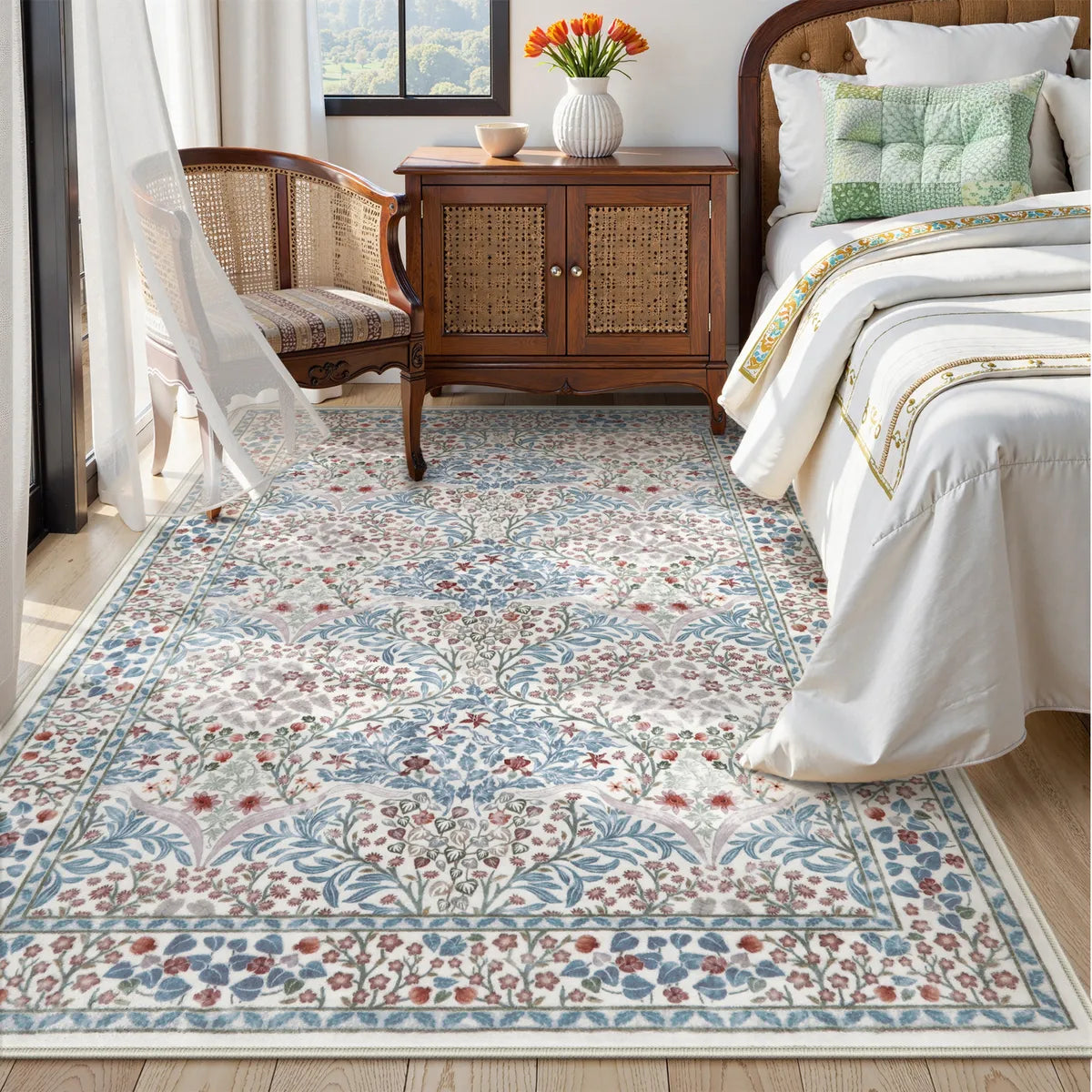 Covaba maximalism vintage french floral area rug in warm beige, styled in a room setting