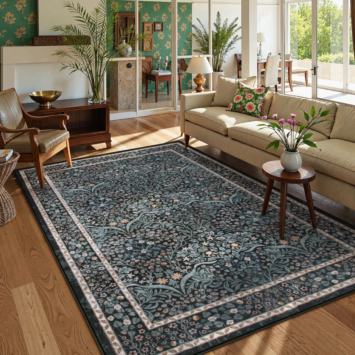 Covaba maximalism vintage french floral area rug in ink black, styled in a room setting