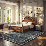 Covaba maximalism vintage french floral area rug in ink black, styled in a room setting, view 3