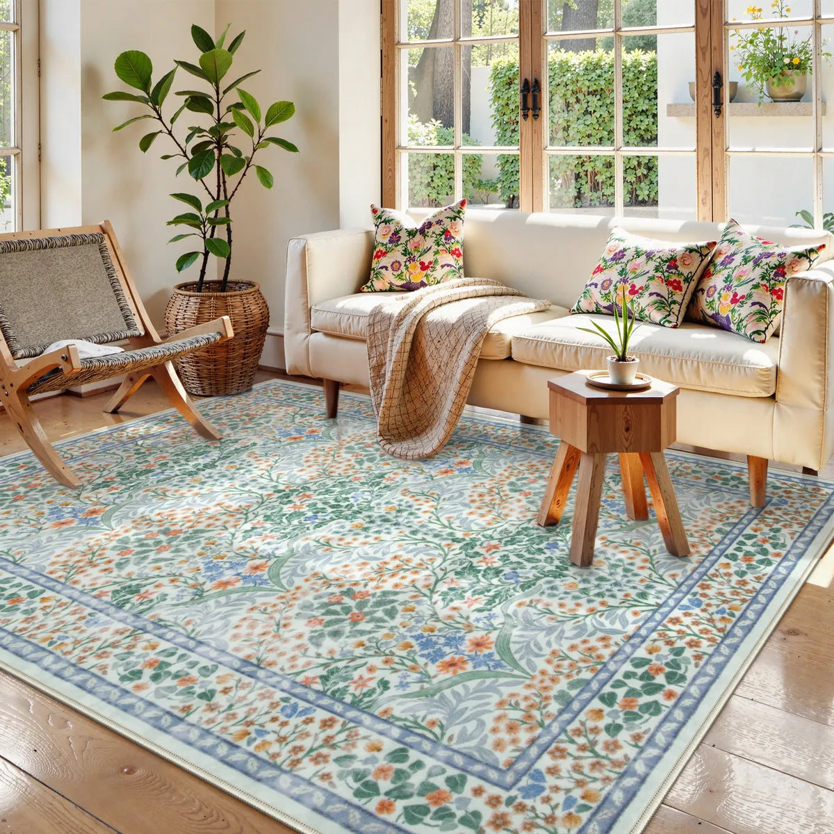 Covaba maximalism vintage french floral area rug in sage mist, styled in a room setting