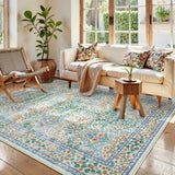 Covaba maximalism vintage french floral area rug in sage mist, styled in a room setting