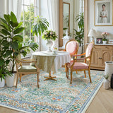 Covaba maximalism vintage french floral area rug in sage mist, styled in a room setting, view 3