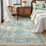 Covaba maximalism vintage french floral area rug in sage mist, styled in a room setting, view 2