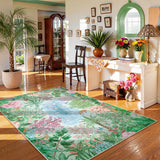 Covaba jungle botanical spring area rug in fern green, styled in a room setting, view 2