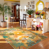 Covaba jungle fall sunrise area rug in amber clay, styled in a room setting, view 3