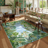 Covaba jungle tropical summer area rug in fern green, styled in a room setting, view 2
