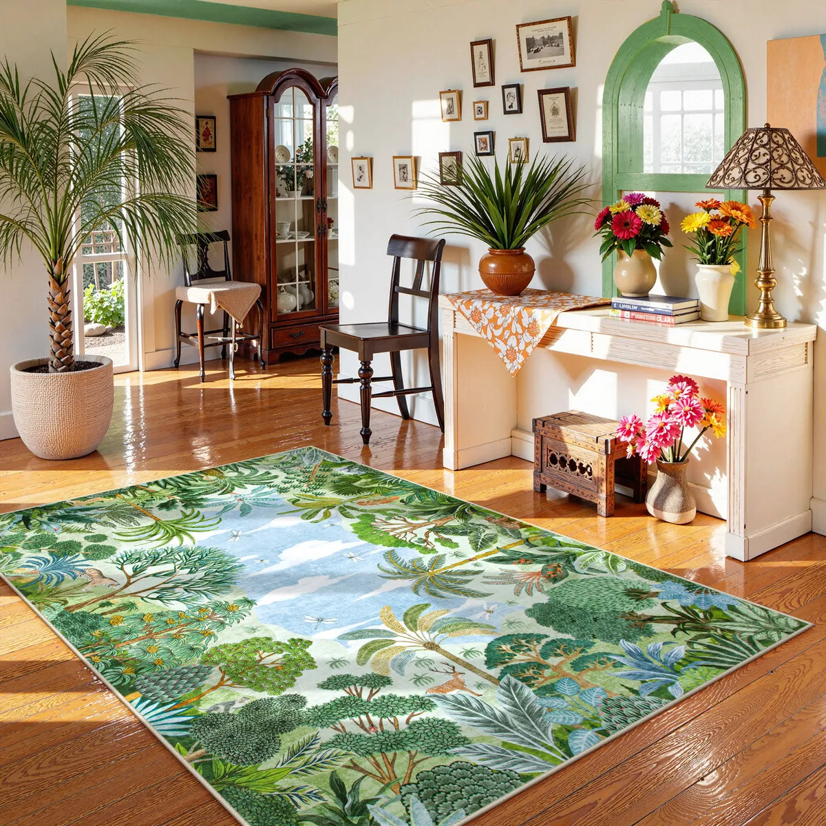 Covaba jungle tropical summer area rug in fern green, styled in a room setting