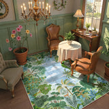 Covaba jungle tropical summer area rug in fern green, styled in a room setting, view 3