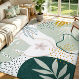 Covaba modern botanical leaf area rug in fern green, styled in a room setting, view 8