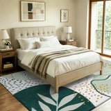 Covaba modern botanical leaf area rug in fern green, styled in a room setting, view 9