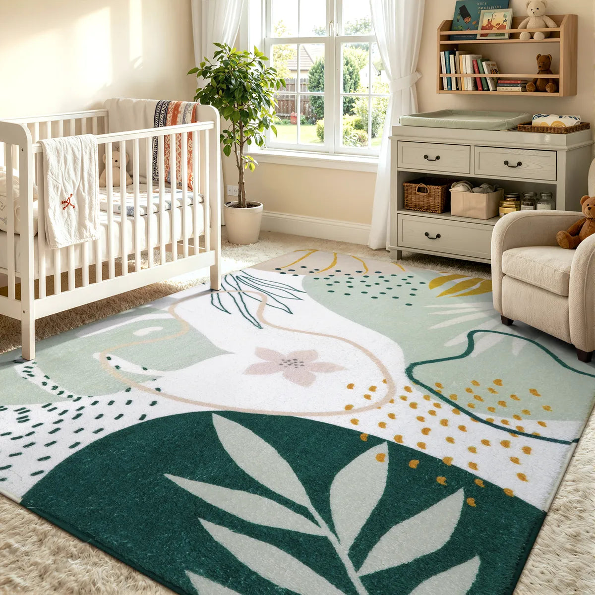 Covaba modern botanical leaf area rug in fern green, styled in a room setting