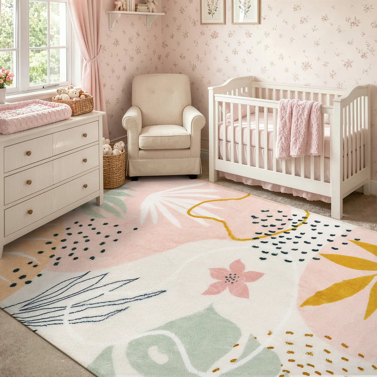Covaba modern botanical leaf area rug in blush clay, styled in a room setting