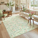 Covaba vintage floral area rug in soft green, styled in a room setting, view 4