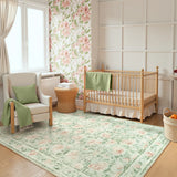 Covaba vintage floral area rug in soft green, styled in a room setting, view 2