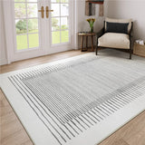 Covaba modern minimalist line area rug in pearl grey, styled in a room setting, view 4
