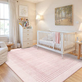 Covaba modern minimalist line area rug in blush clay, styled in a room setting, view 5