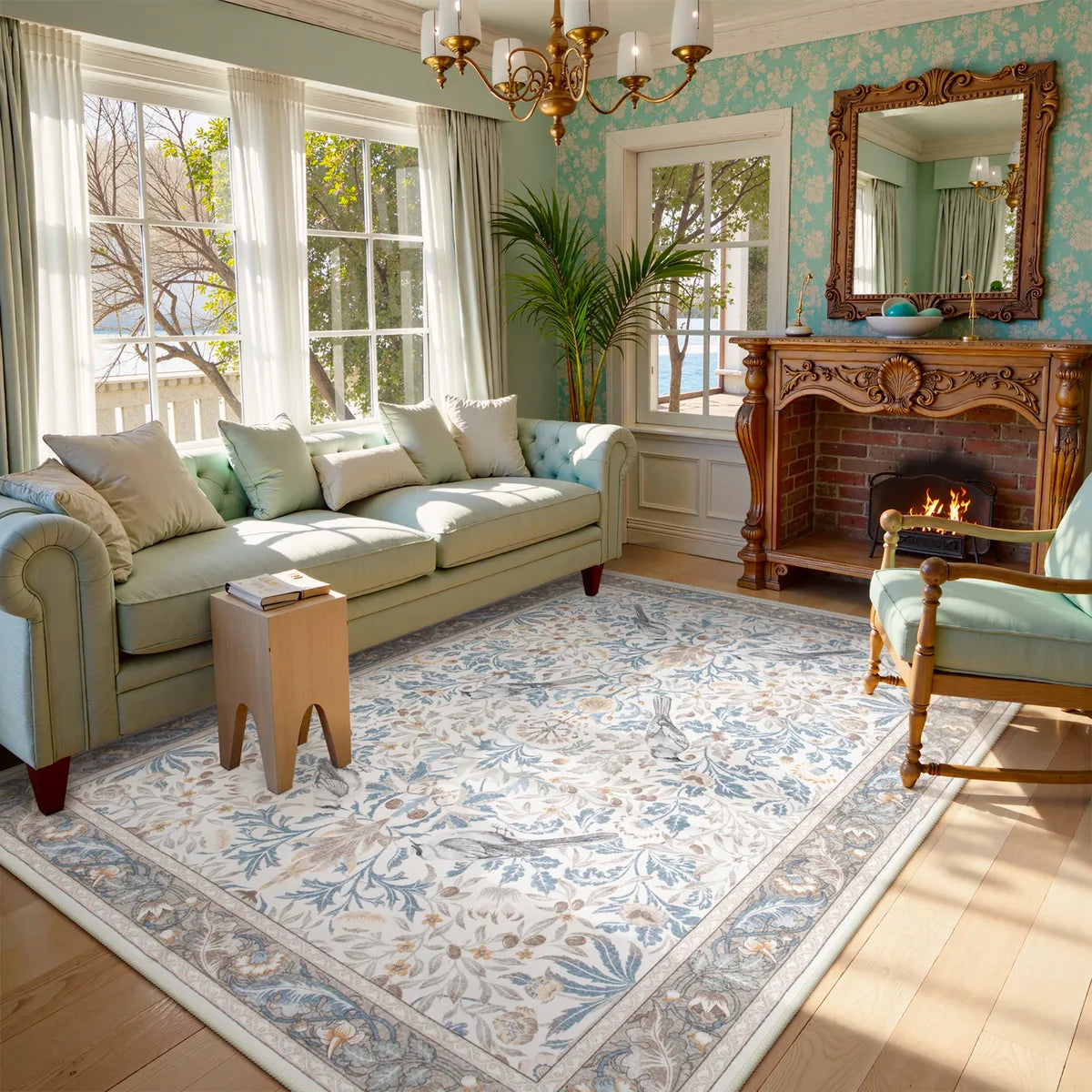 Covaba vintage floral bird area rug in fern green, styled in a room setting