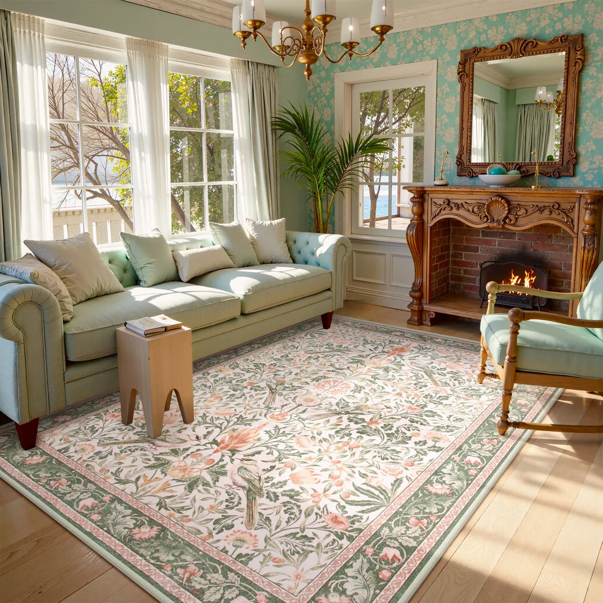 Covaba vintage floral bird area rug in blush clay, styled in a room setting