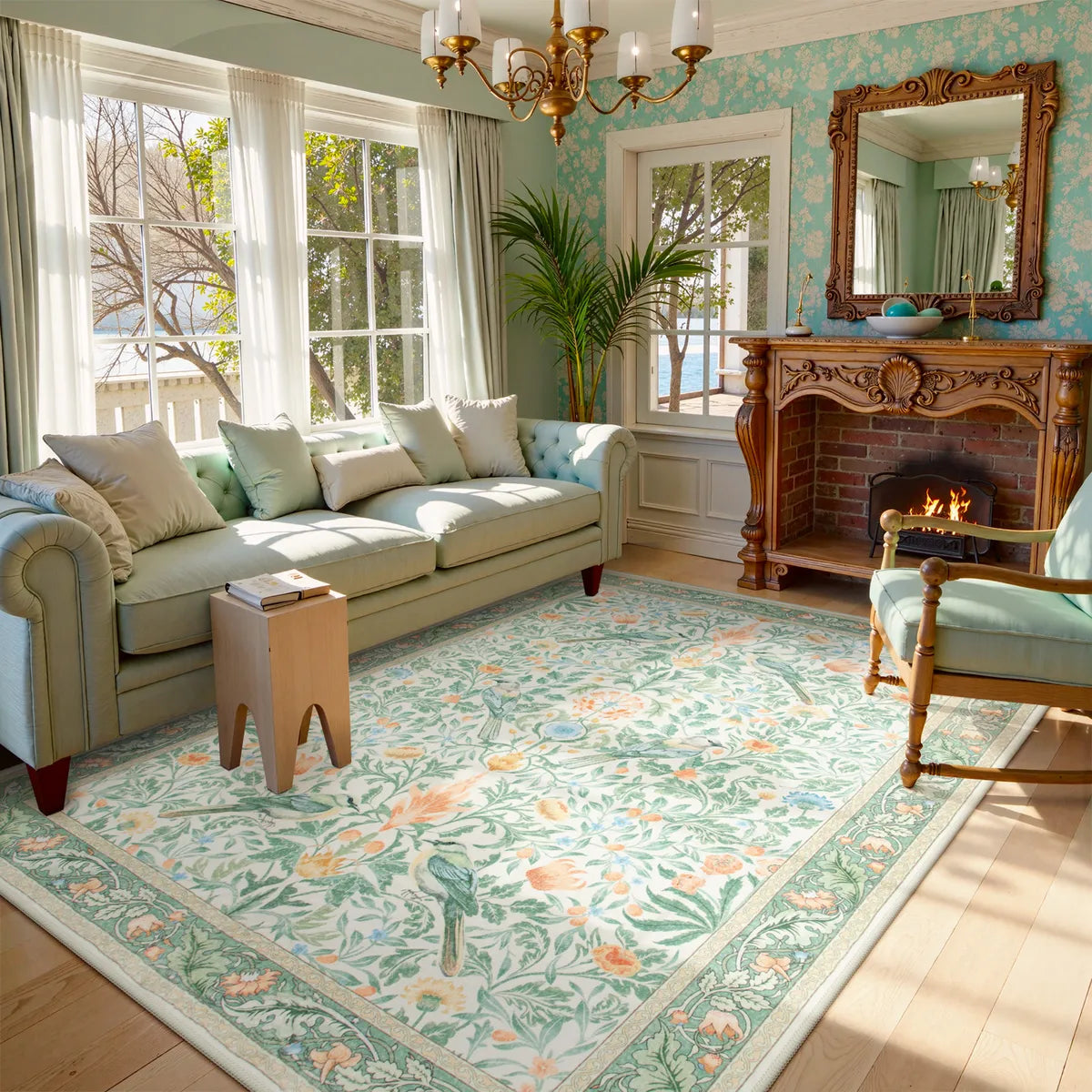 Covaba vintage floral bird area rug in willow sage, styled in a room setting