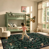 Covaba fantasy garden and unicorn area rug in forest fern, styled in a room setting, view 2