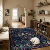 Covaba fantasy garden and unicorn area rug in deep navy, styled in a room setting, view 6