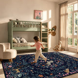Covaba fantasy garden and unicorn area rug in deep navy, styled in a room setting, view 7