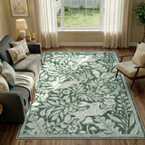 Covaba vintage woodcut forest and rabbit area rug in fern green, styled in a room setting, view 2