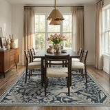 Covaba vintage woodcut forest and rabbit area rug in pearl grey, styled in a room setting, view 5
