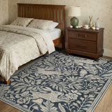 Covaba vintage woodcut forest and rabbit area rug in pearl grey, styled in a room setting, view 6