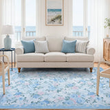 Covaba romantic vintage floral rose garden area rug in stormy blue, styled in a room setting, view 5