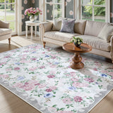 Covaba romantic vintage floral rose garden area rug in muted plum, styled in a room setting, view 10