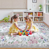 Covaba romantic vintage floral rose garden area rug in muted plum, styled in a room setting, view 6