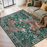 Covaba vintage leopard area rug in fern green, styled in a room setting, view 4